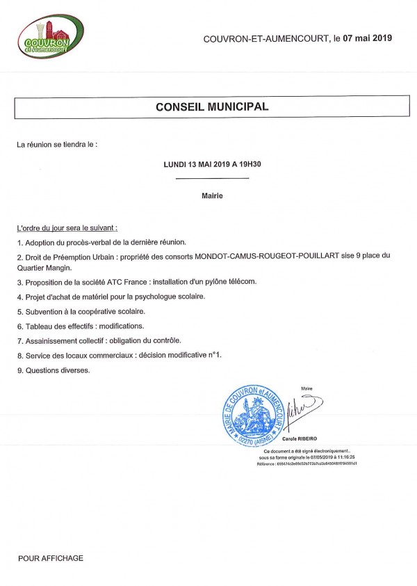 Convocation Conseil Municipal 13 mai 2019